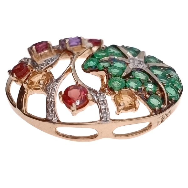 Кулон из золота 585 пробы с бриллиантами, изумрудом и самоцветами