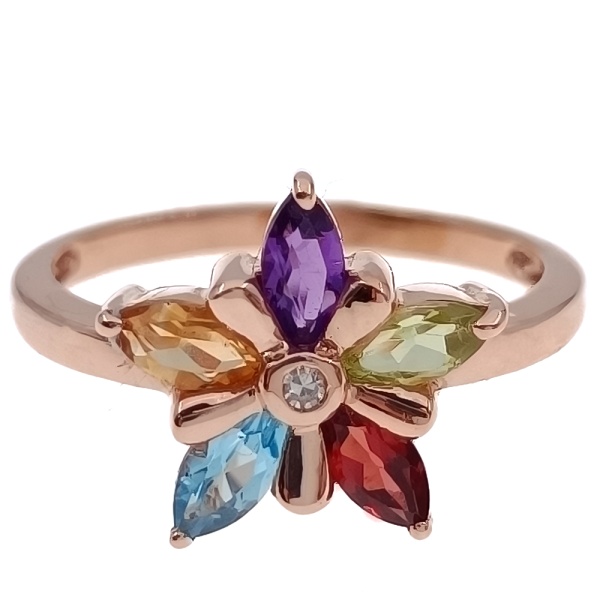 Кольцо из золота 585 пробы с самоцветами и бриллиантом